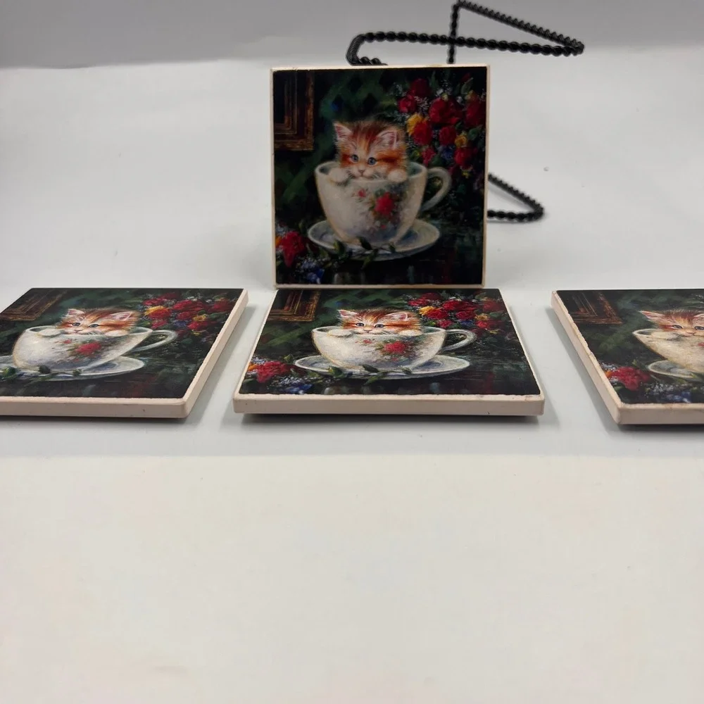 Vintage Ceramic Kitten in Teacup Coasters Set of 4‎ Cork Backed Cat Floral Art